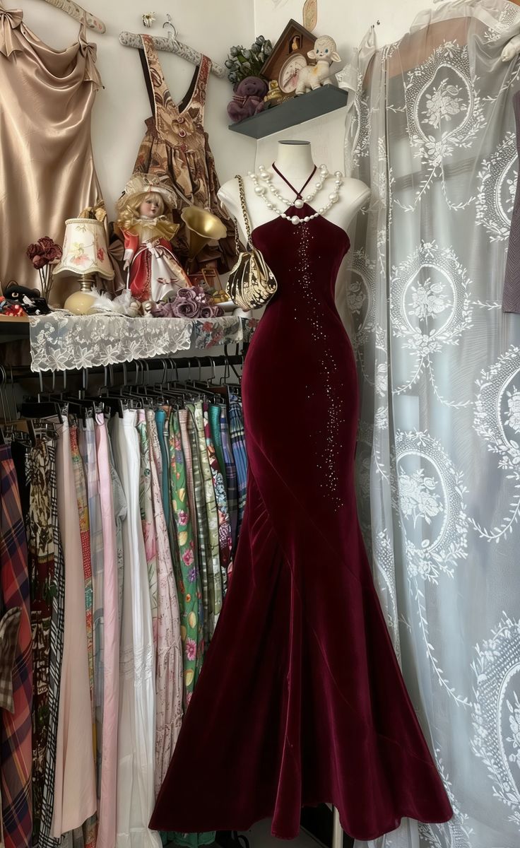 Sexy Mermaid Halter Burgundy Velvet Beads Long Prom Dress, Evening Dress - VelvetHem