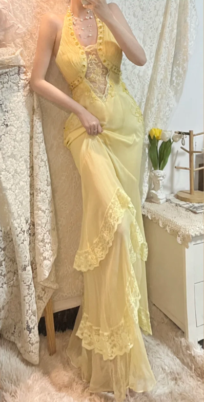 Pretty Pastel Yellow Mermaid Halter Chiffon Lace Long Prom Dress, Evening Dress - View 3 | VelvetHem