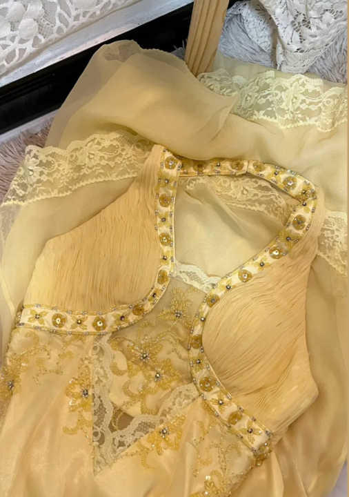 Pretty Pastel Yellow Mermaid Halter Chiffon Lace Long Prom Dress, Evening Dress - View 4 | VelvetHem