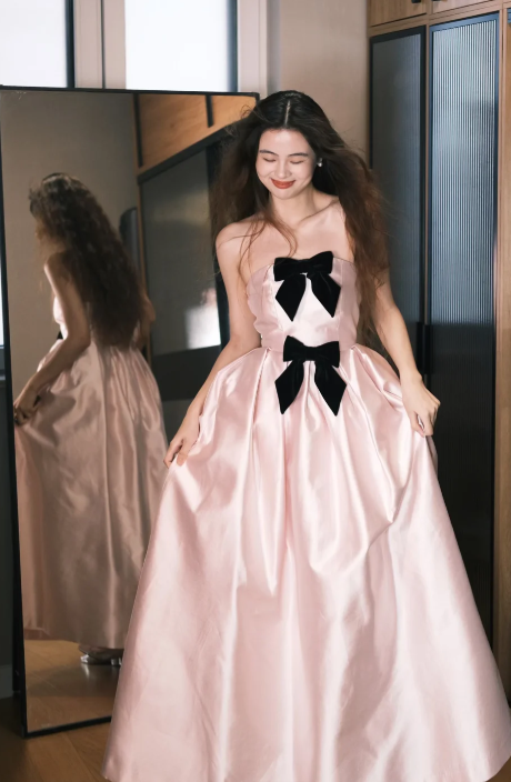 Sweet Pink A Line Strapless Satin With Bow Long Prom Dress, Evening Dress - View 3 | VelvetHem