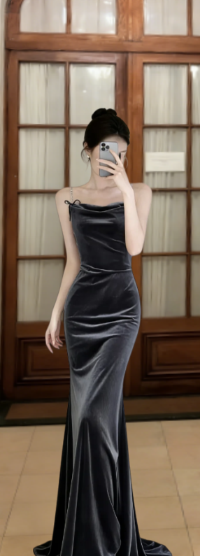 Elegant Mermaid Spaghetti Straps Velvet Long Prom Dress, Evening Dress - VelvetHem