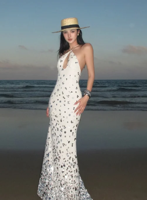 Unique Mermaid Halter Satin Sequin Long Prom Dress, Evening Dress - VelvetHem