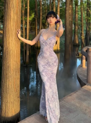Unique Mermaid Halter Satin Lace Long Prom Dress, Evening Dress - VelvetHem