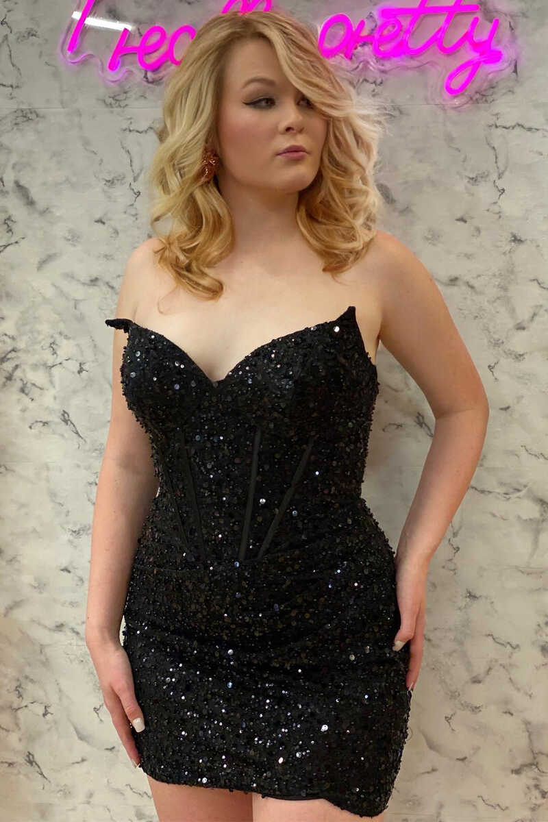 Black Sequin Strapless Tight Mini Homecoming Dress - VelvetHem