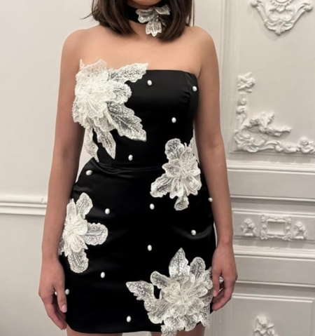 Stylish Black Satin Beaded Flowers Short Party Dress Graduation Homecoming Dress - View 3 | VelvetHem