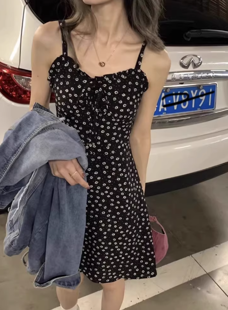 French style black floral print slip dress for women, new chiffon Short Dress