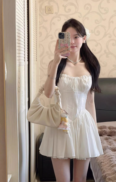 French style white spaghetti strap dress, princess short dress - VelvetHem