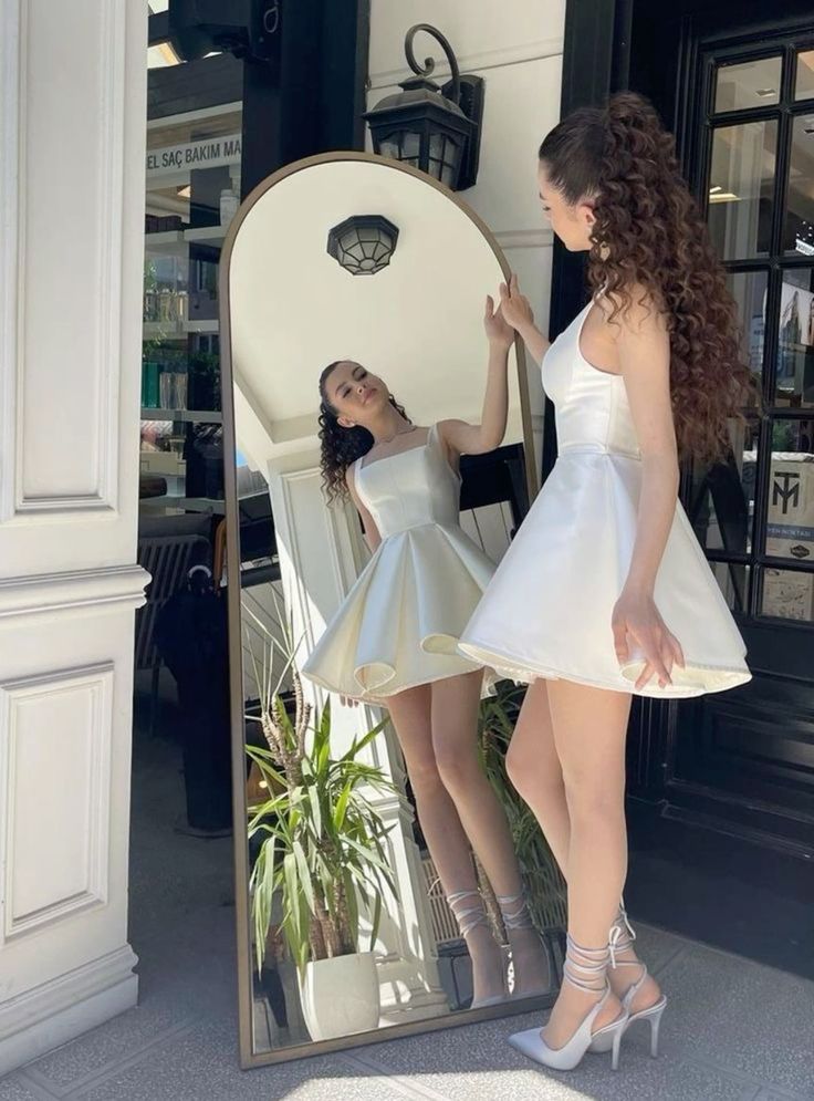 Sexy A Line Straps Ivory Satin Short Homecoming Dress Birthday Outfits