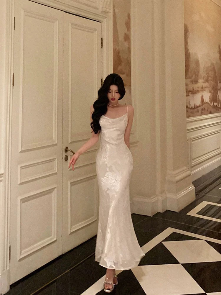 Gorgeous Mermaid Spaghetti Straps Date Night Dress Floral Ivory Satin Prom Dresses Birthday Outfit - View 3 | VelvetHem