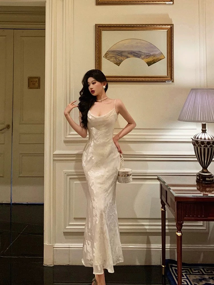 Gorgeous Mermaid Spaghetti Straps Date Night Dress Floral Ivory Satin Prom Dresses Birthday Outfit - View 5 | VelvetHem