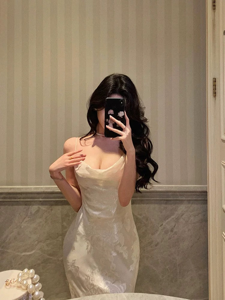 Gorgeous Mermaid Spaghetti Straps Date Night Dress Floral Ivory Satin Prom Dresses Birthday Outfit - View 4 | VelvetHem