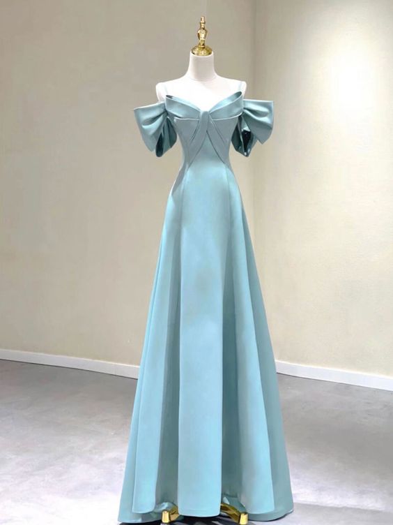 Blue A-Line Satin Long Prom DressesBlue Satin Long Formal Dresses