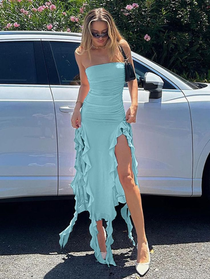 Fashion Mermaid Strapless Prom Dress Side Slit Ruffles Party Evening Dress - VelvetHem