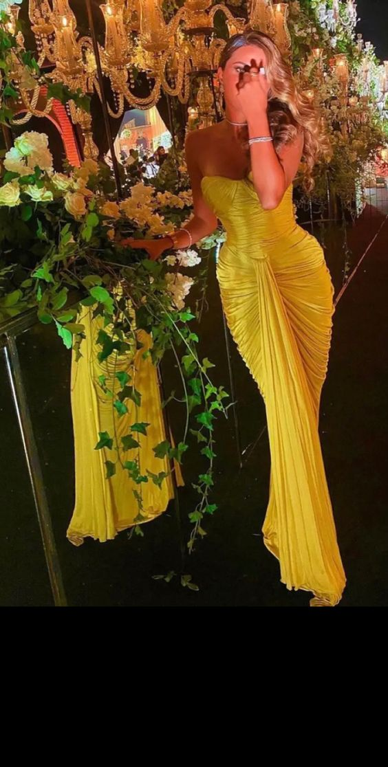Yellow Pleated Long Prom Dresses Sweetheart Mermaid Floor Length Evening Gowns Y5276 - VelvetHem
