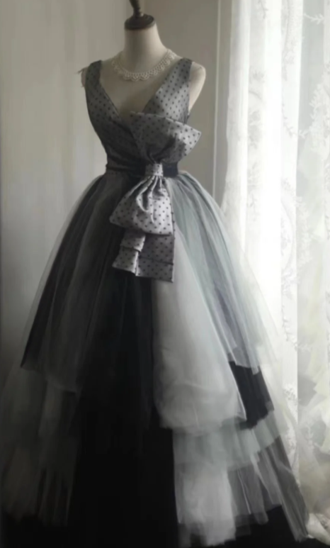 Princess A Line V Neck Satin Tulle Long Prom Dress, Evening Dress - VelvetHem