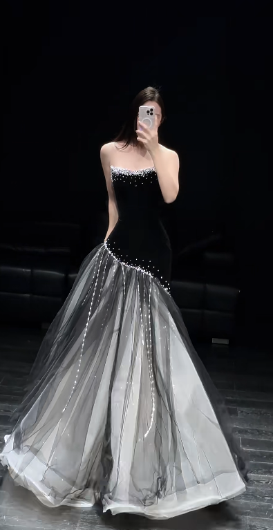 Gorgeous Mermaid Strapless Satin Tulle Beaded Long Prom Dress, Evening Dress - VelvetHem