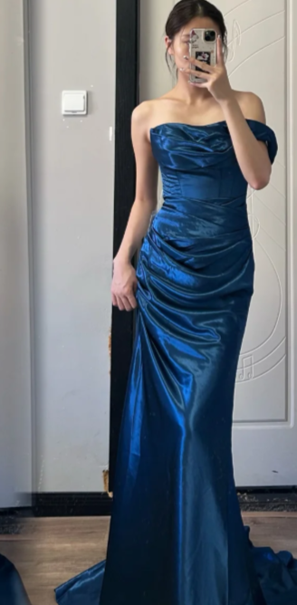 Chic Mermaid Off The Shoulder Satin Long Prom Dress, Evening Dress - VelvetHem