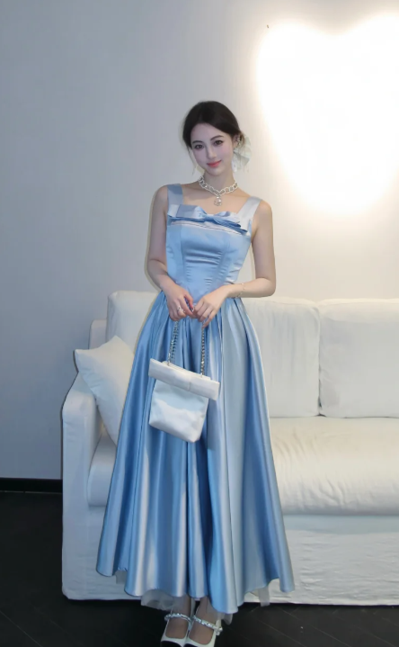 Pretty A Line Square Neck Pale Blue Satin Long Prom Dress, Evening Dress