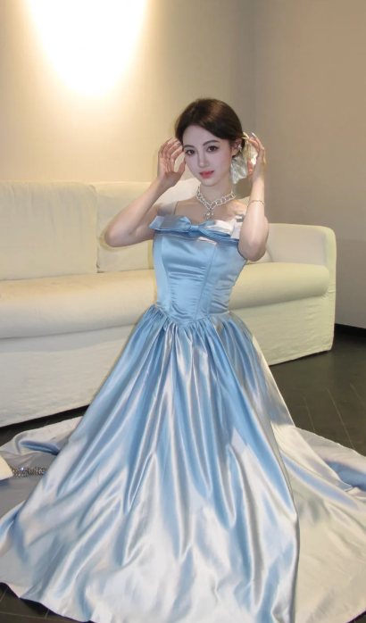 Pretty A Line Square Neck Pale Blue Satin Long Prom Dress, Evening Dress - View 2 | VelvetHem