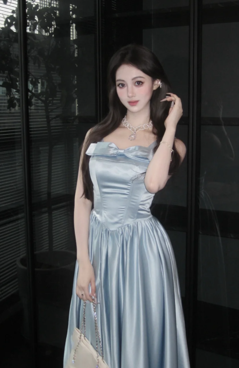 Pretty A Line Square Neck Pale Blue Satin Long Prom Dress, Evening Dress - View 3 | VelvetHem