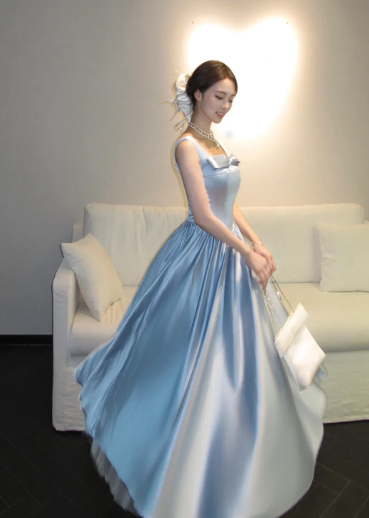 Pretty A Line Square Neck Pale Blue Satin Long Prom Dress, Evening Dress - View 4 | VelvetHem