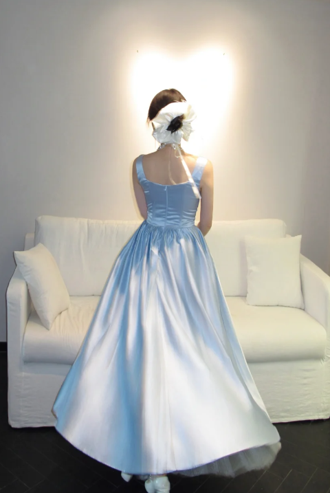 Pretty A Line Square Neck Pale Blue Satin Long Prom Dress, Evening Dress - View 5 | VelvetHem