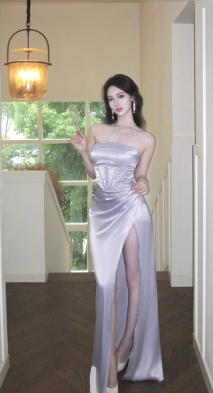 Sexy Mermaid Strapless Lilac Satin Slit Long Prom Dress, Evening Dress - VelvetHem