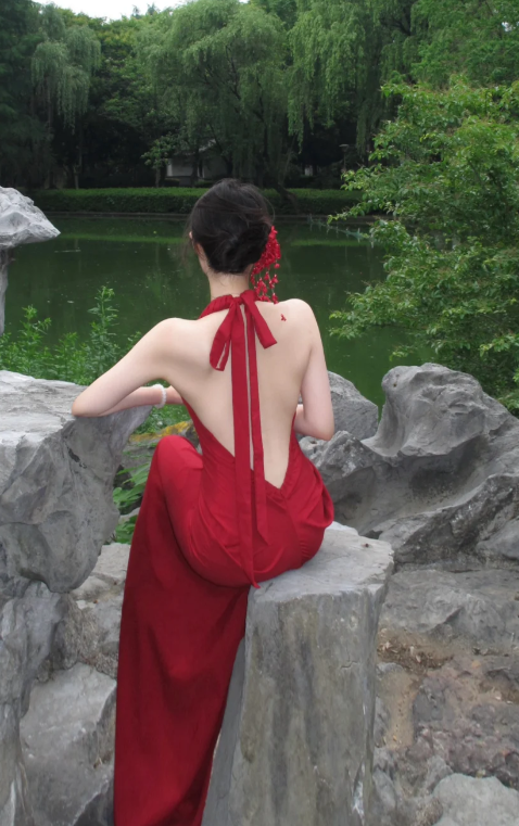 Charming Red Mermaid Halter Satin Backless Long Prom Dress, Evening Dress - View 2 | VelvetHem