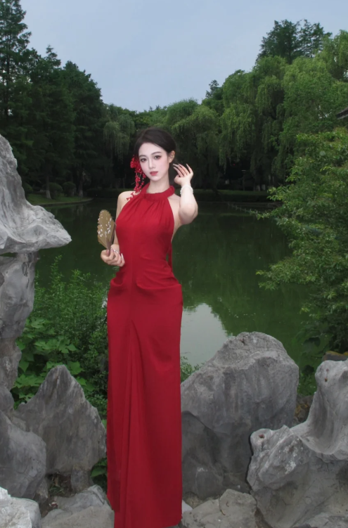 Charming Red Mermaid Halter Satin Backless Long Prom Dress, Evening Dress - View 5 | VelvetHem