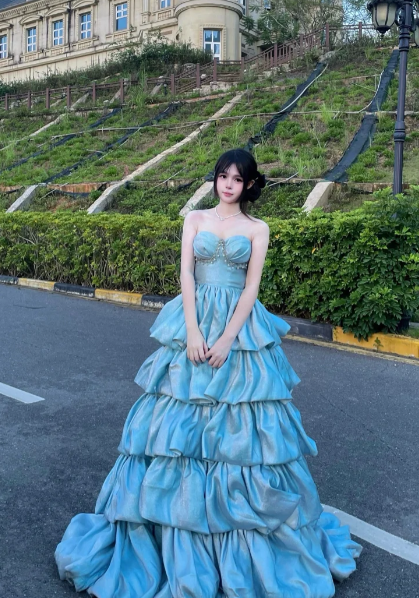 Princess Ball Gown Strapless Tiered Satin Long Prom Dress, Evening Dress - VelvetHem