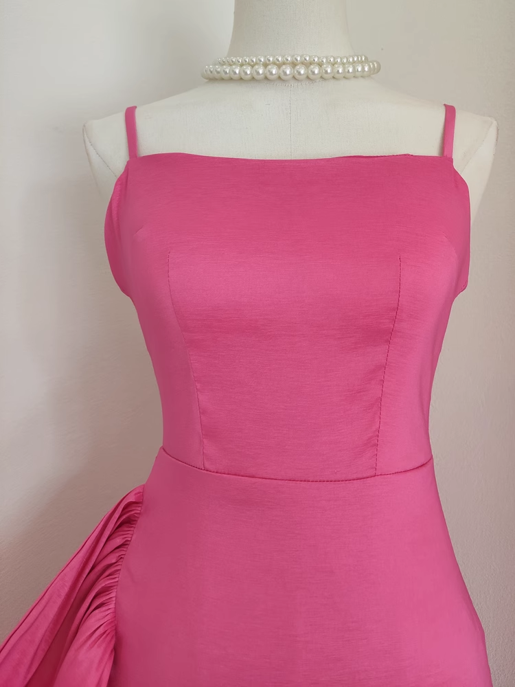 Sexy Sheath Spaghetti Straps Hot Pink Satin Dinner Party Dresses Birthday Outfits - View 3 | VelvetHem