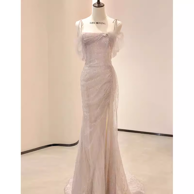 Sexy Mermaid Spaghetti Straps Pink Tulle Long Prom Dress