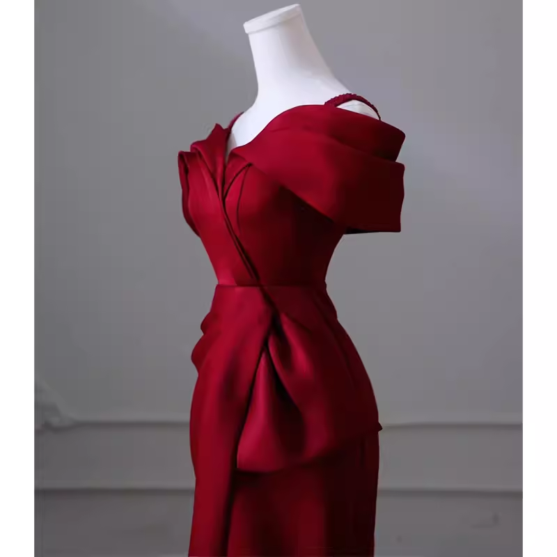 Sexy Mermaid Off The Shoulder Satin Burgundy Long Prom Dresses - View 4 | VelvetHem