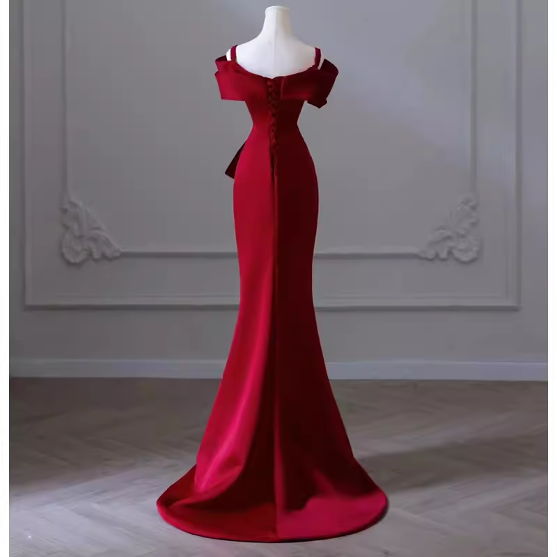 Sexy Mermaid Off The Shoulder Satin Burgundy Long Prom Dresses - View 3 | VelvetHem