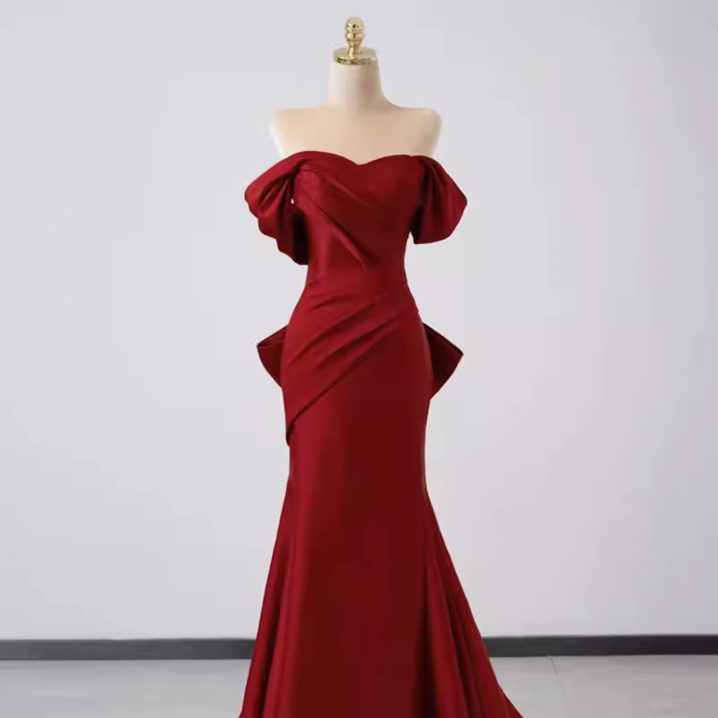 Sexy Mermaid Off The Shoulder Satin Burgundy Long Prom Dresses - View 3 | VelvetHem