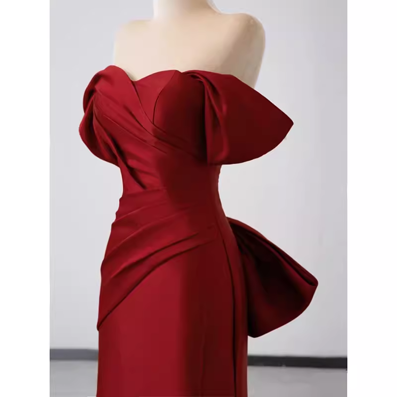 Sexy Mermaid Off The Shoulder Satin Burgundy Long Prom Dresses - View 5 | VelvetHem