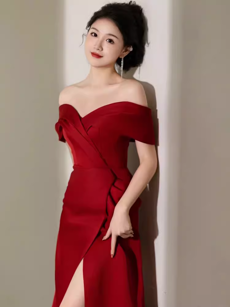 Modest Mermaid Off The Shoulder Satin Red Prom Dress Long Evening Dress