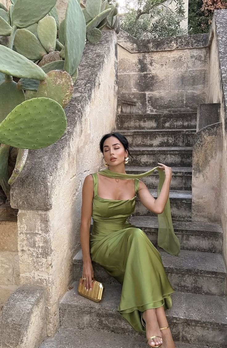 Elegant Green Satin Mermaid Long Wedding Guest Dress Birthday Party Dress - View 3 | VelvetHem