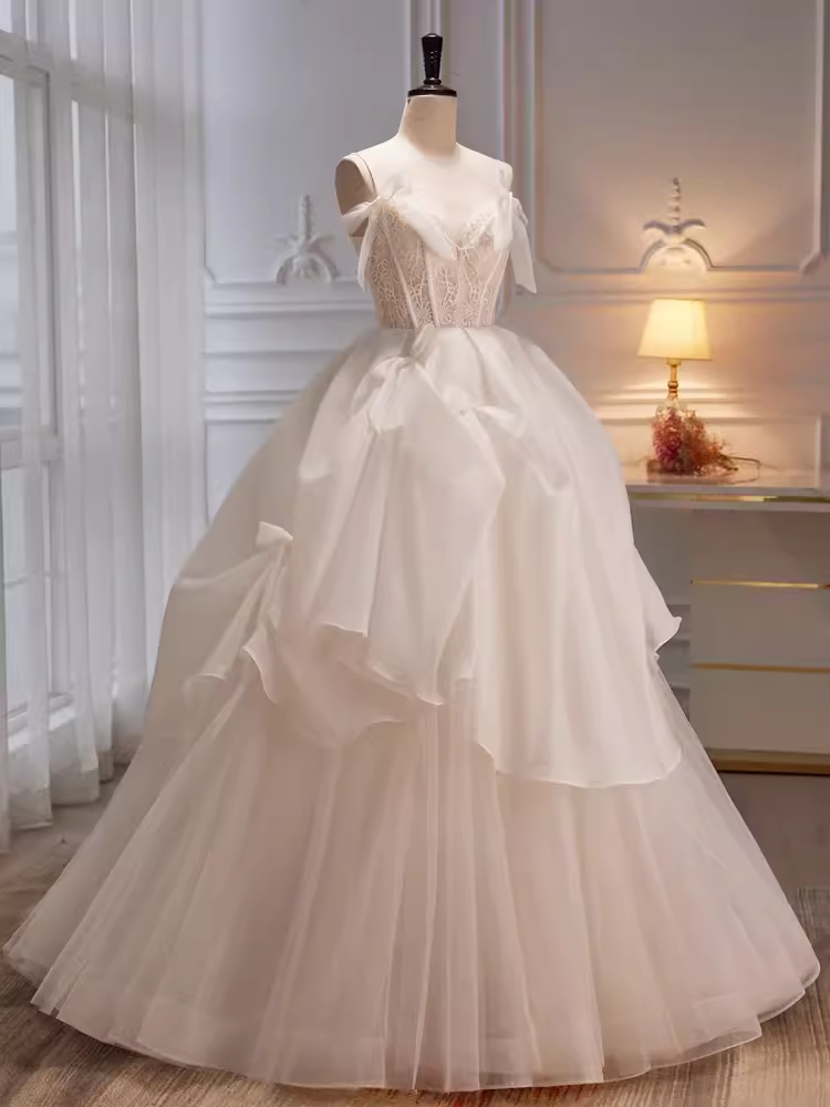 Modest Ball Gown Off The Shoulder Short Sleeves White Tulle Long Prom Dress - View 2 | VelvetHem