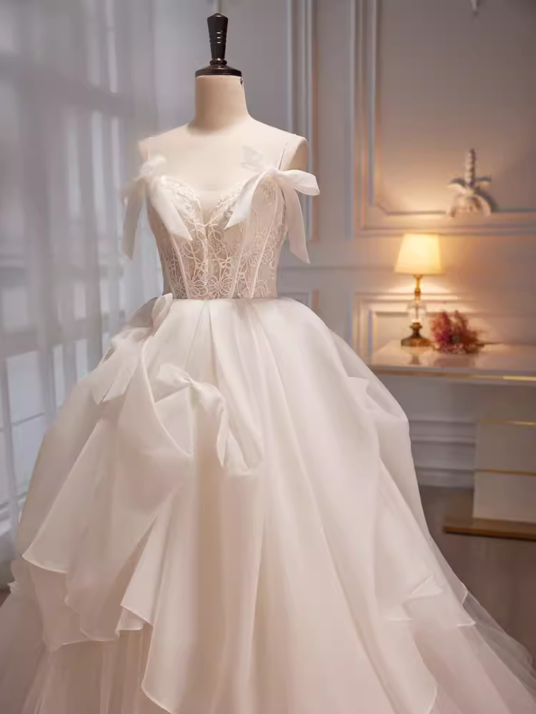 Modest Ball Gown Off The Shoulder Short Sleeves White Tulle Long Prom Dress - View 4 | VelvetHem