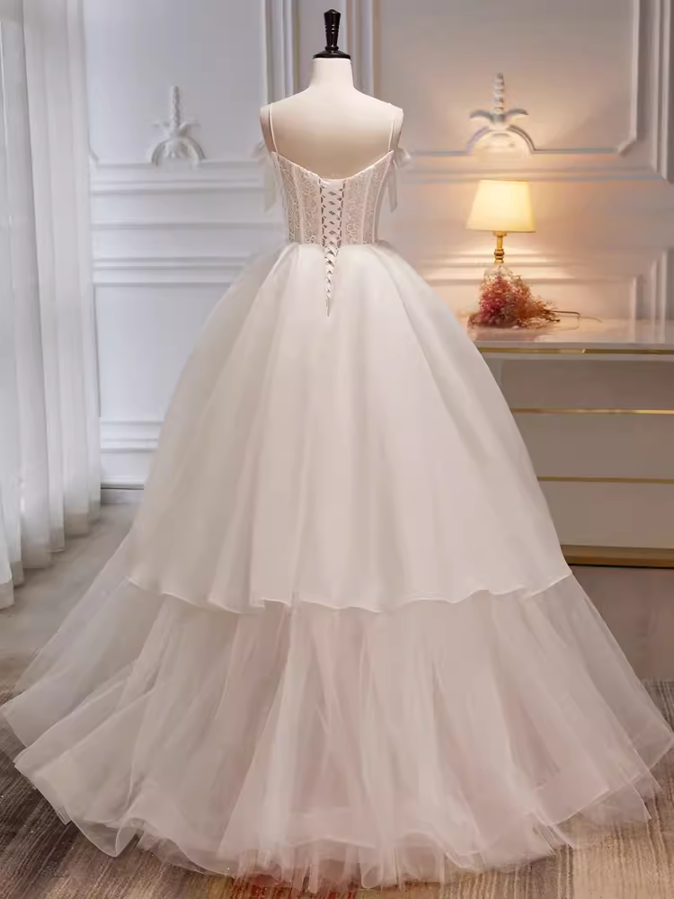 Modest Ball Gown Off The Shoulder Short Sleeves White Tulle Long Prom Dress - View 3 | VelvetHem