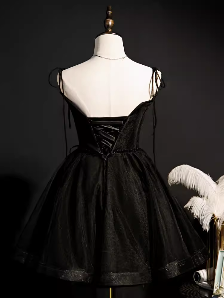 Modest Ball Gown Spaghetti Straps Black Tulle Birthday Outfits Homecoming Dress - View 2 | VelvetHem