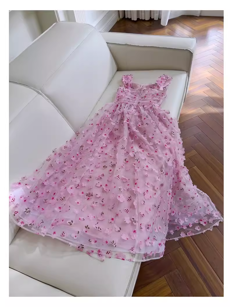 Cute A Line Pink Tulle Flowers Long Prom Dress - View 2 | VelvetHem