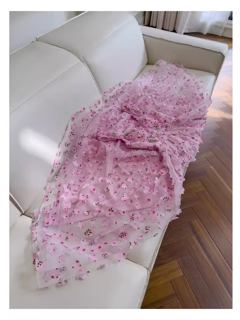 Cute A Line Pink Tulle Flowers Long Prom Dress - View 4 | VelvetHem