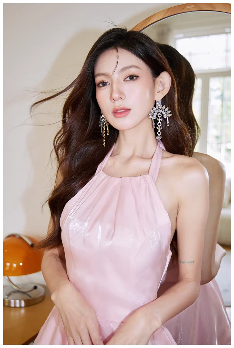 Classy Halter Pink Satin Ruffles Long Birthday Party Dress Evening Dress - View 8 | VelvetHem