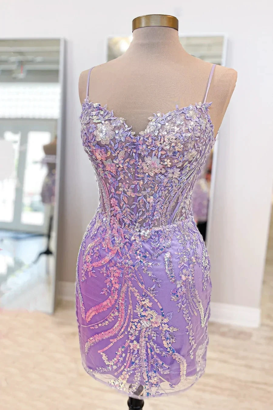 Straps Lavender Sequin Appliques Tight Mini Homecoming Dress Y4007 by simplepromdress