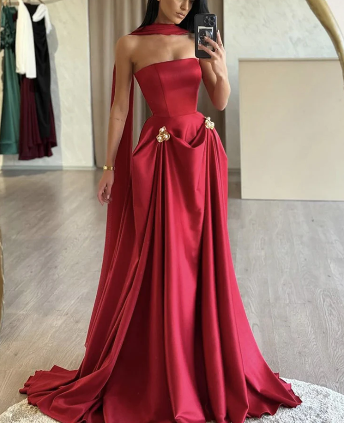 Charming A-Line Satin Burgundy Long Prom Dress Strapless Evening Dress Y8046 - VelvetHem