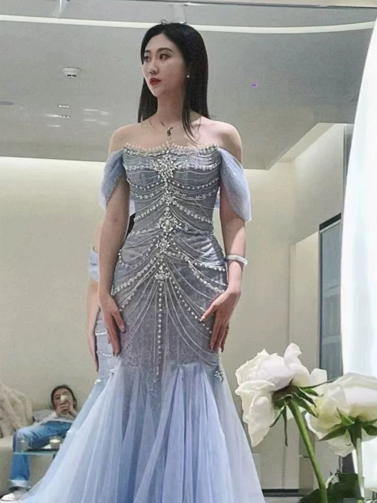 Pretty Mermaid Off The Shoulder Blue Tulle Silver Beads Long Prom Dresses Formal Evening Dress