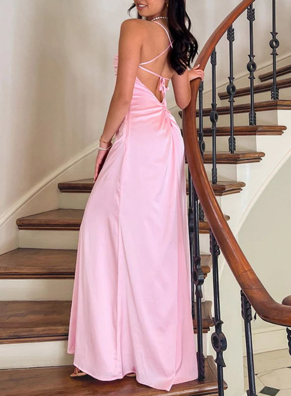 Spaghetti Straps Pink Satin Backless A Line Prom Dress Long Party Evening Dress - VelvetHem