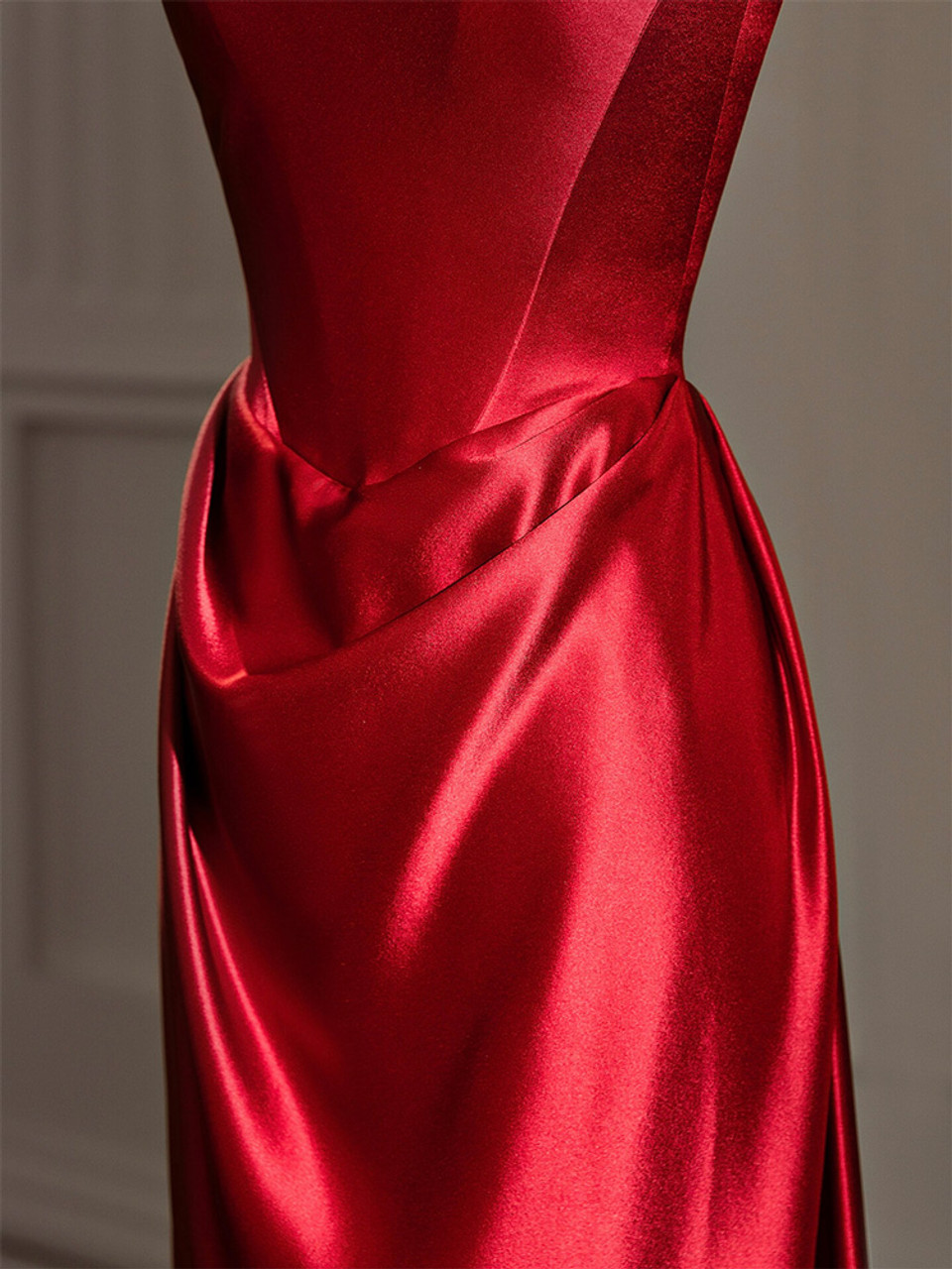 Elegant Red Satin Straps Pleats Prom Dress Long Party Evening Dress